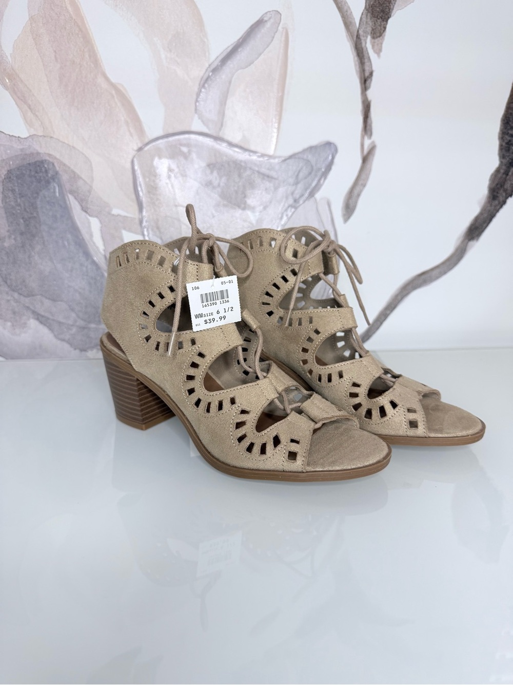 Florsheim Beige Lace-Up Cutout Block Heel Sandals
